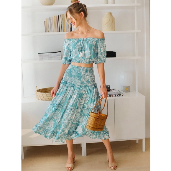 Rouge! Dresses & Skirts - Tropical Print 2 Piece Set: Crop Top + Midi Skirt